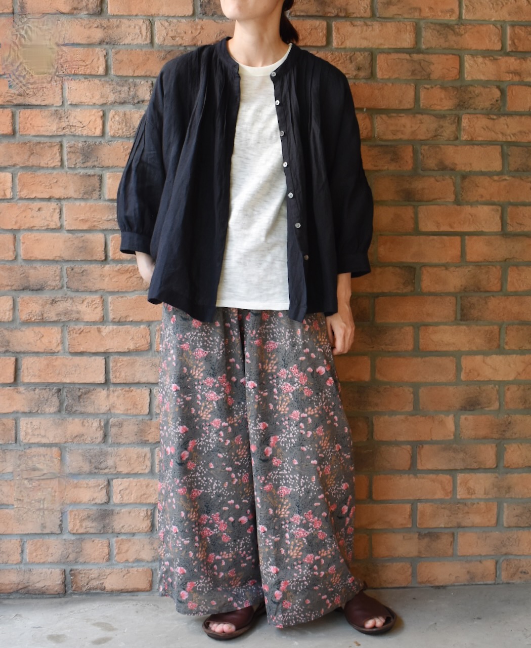 ●INSL24201(シャツ) 60s LINEN PLAIN BANDED COLLAR 3/4SL PINTUCK SHIRT