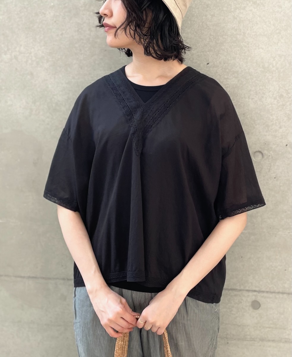 NSL24032 (ブラウス) VOILE LACE V-NECK LACE S/SL PULLOVER