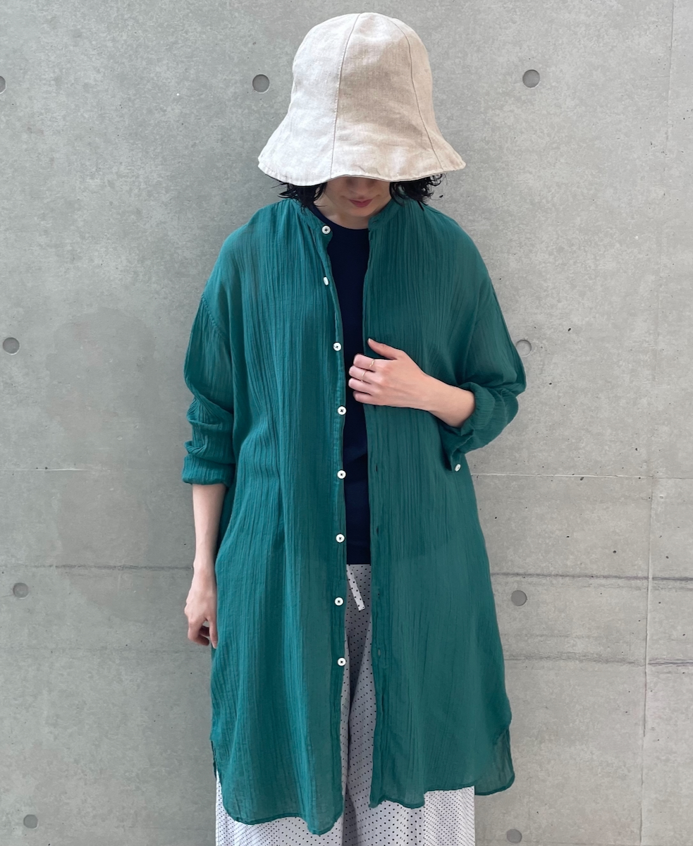INAM1902GD (ロングシャツ) SINGLE GAUZE OVERDYED UTILITY BANDED COLLAR LONG SHIRTS