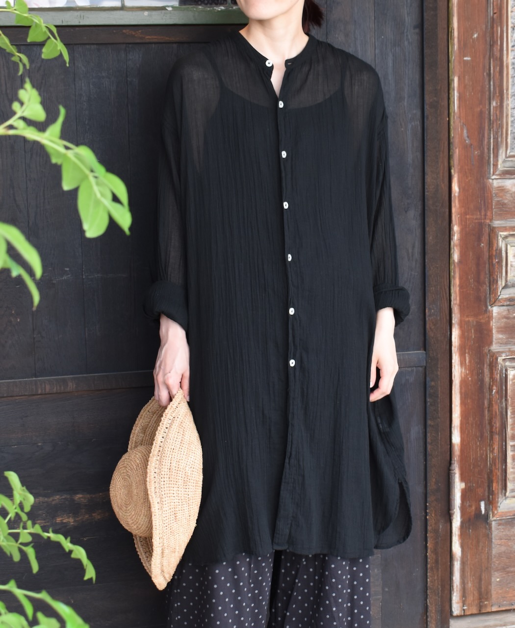 INAM1902GD (ロングシャツ) SINGLE GAUZE OVERDYED UTILITY BANDED COLLAR LONG SHIRTS