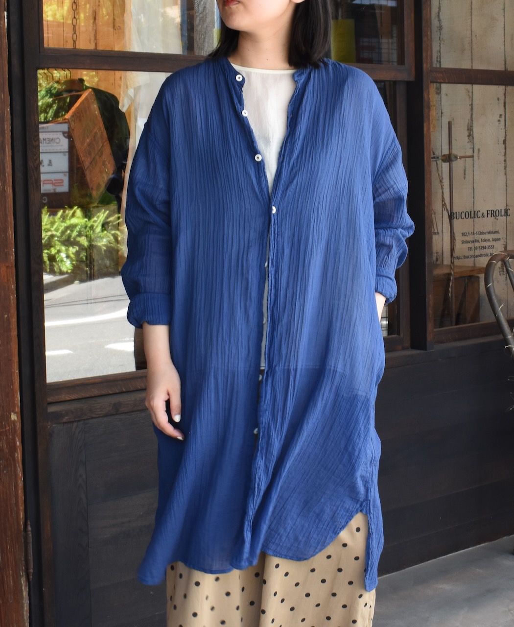INAM1902GD (ロングシャツ) SINGLE GAUZE OVERDYED UTILITY BANDED COLLAR LONG SHIRTS