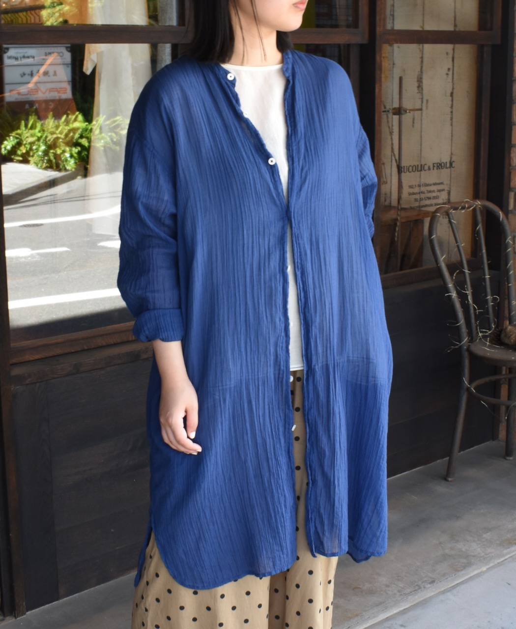 INAM1902GD (ロングシャツ) SINGLE GAUZE OVERDYED UTILITY BANDED COLLAR LONG SHIRTS