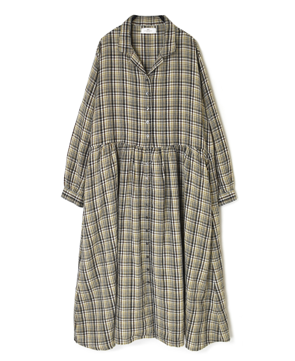 INSL24713(ワンピース) WOOL/LINEN CHECK OPEN COLLAR SHIRT DRESS