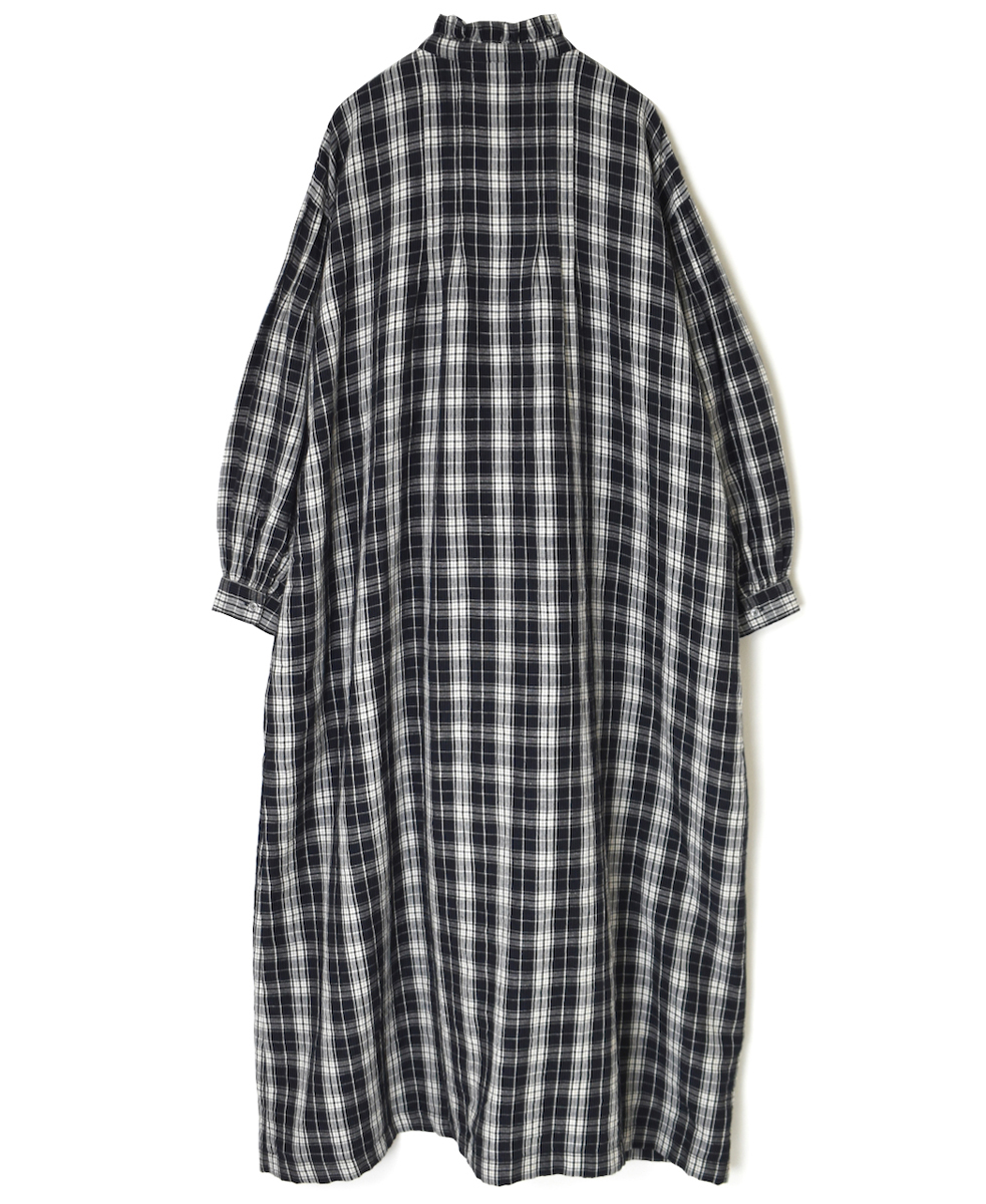 INSL24714(ワンピース) WOOL/LINEN CHECK FRILL COLLAR SHIRT DRESS WITH PINTUCK