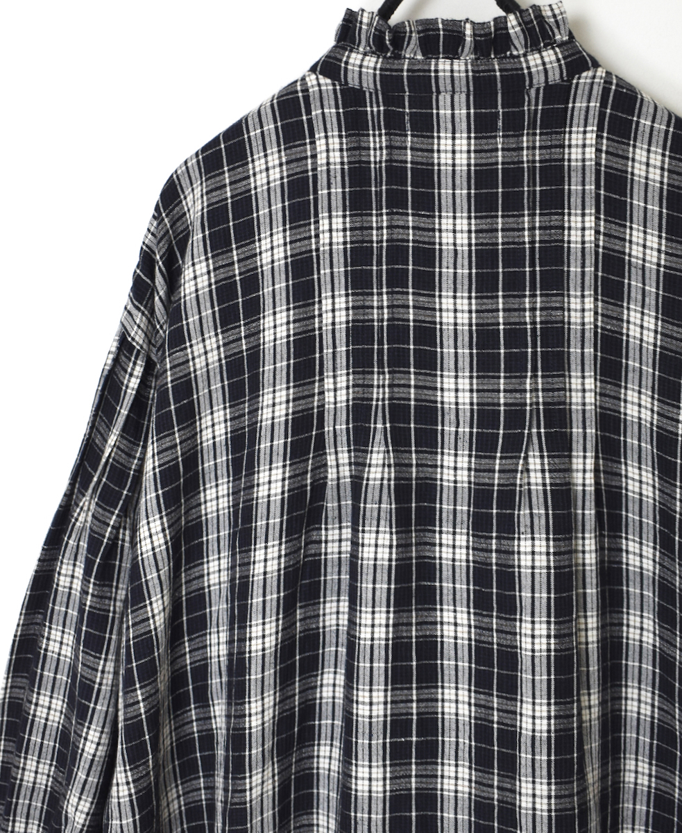 INSL24714(ワンピース) WOOL/LINEN CHECK FRILL COLLAR SHIRT DRESS WITH PINTUCK