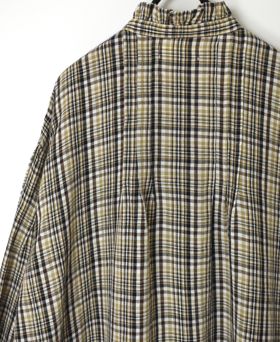 INSL24714(ワンピース) WOOL/LINEN CHECK FRILL COLLAR SHIRT DRESS WITH PINTUCK