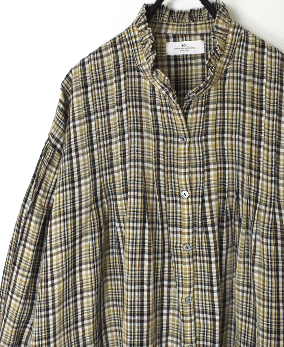 INSL24714(ワンピース) WOOL/LINEN CHECK FRILL COLLAR SHIRT DRESS WITH PINTUCK