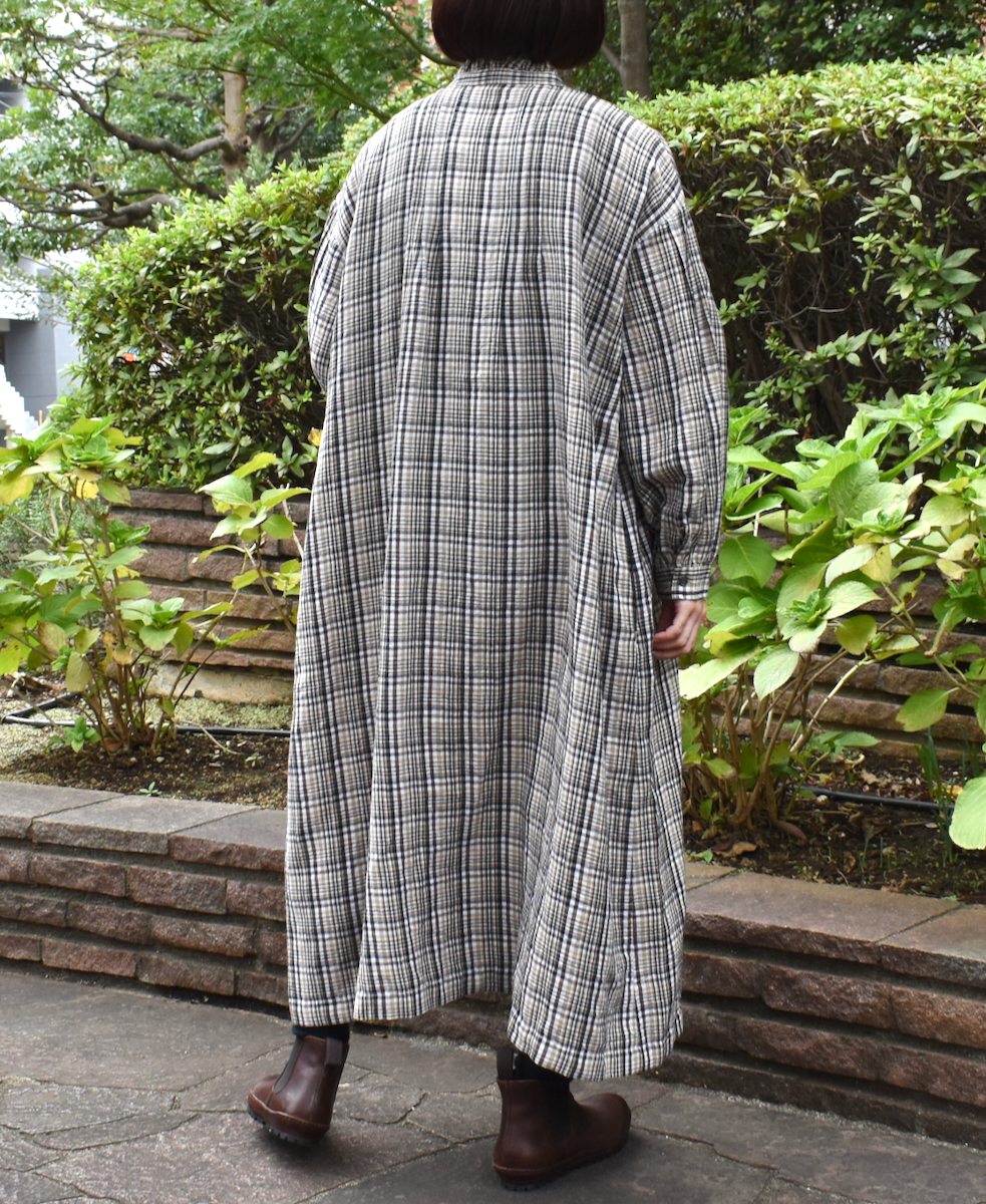INSL24714(ワンピース) WOOL/LINEN CHECK FRILL COLLAR SHIRT DRESS WITH PINTUCK