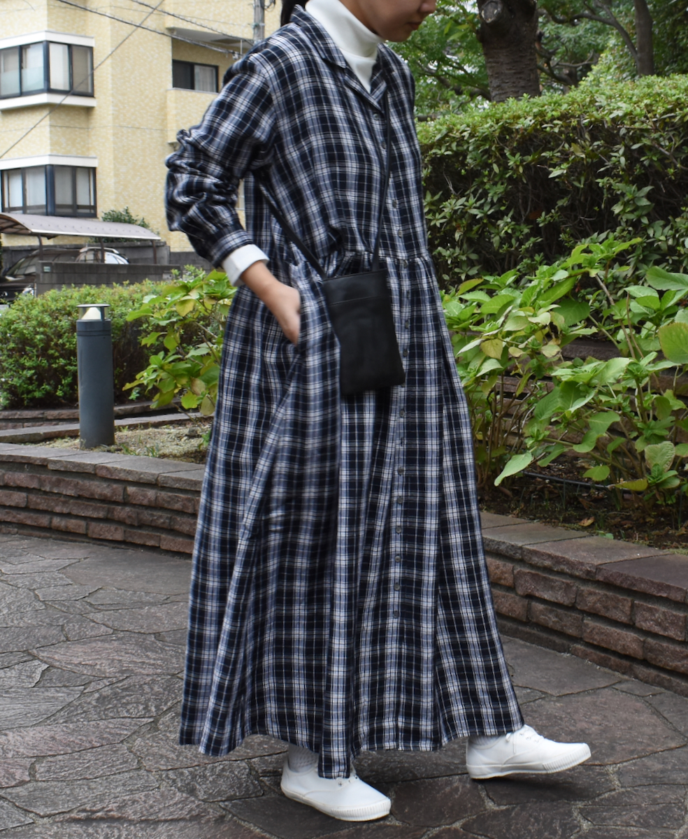 INSL24713(ワンピース) WOOL/LINEN CHECK OPEN COLLAR SHIRT DRESS
