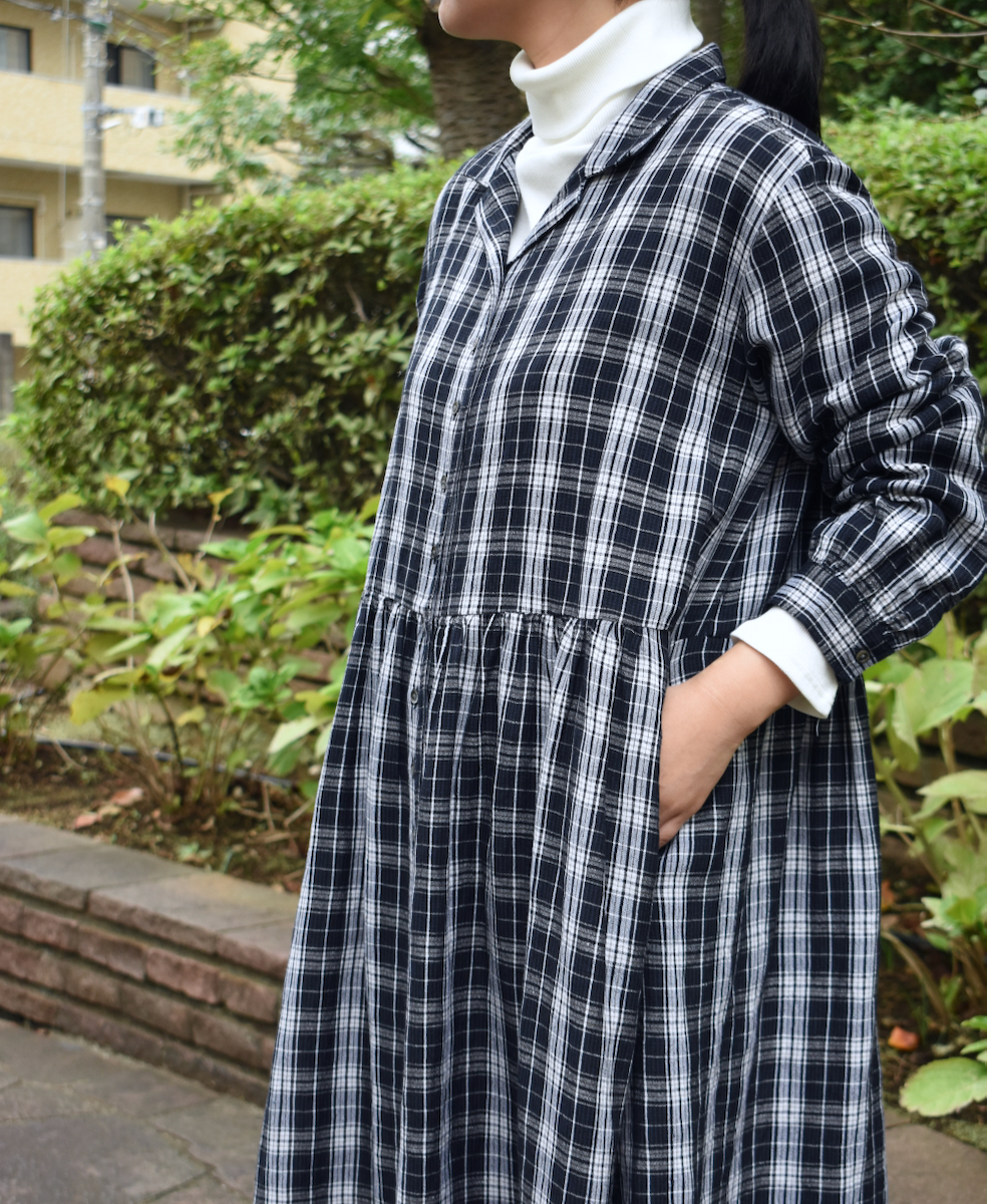 INSL24713(ワンピース) WOOL/LINEN CHECK OPEN COLLAR SHIRT DRESS