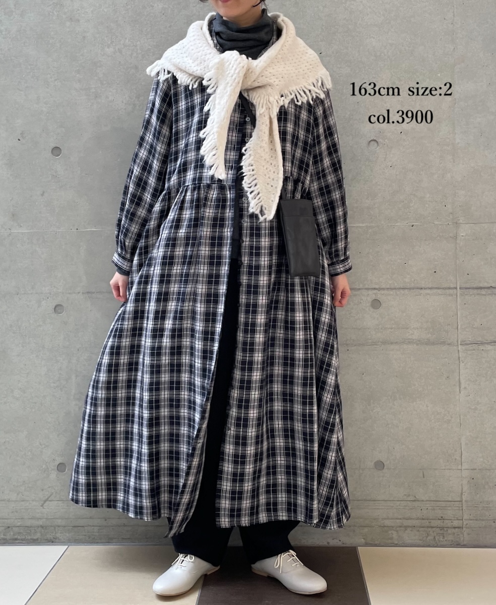 INSL24713(ワンピース) WOOL/LINEN CHECK OPEN COLLAR SHIRT DRESS