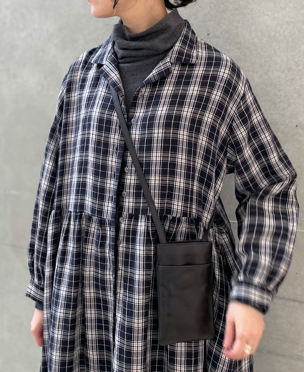 INSL24713(ワンピース) WOOL/LINEN CHECK OPEN COLLAR SHIRT DRESS