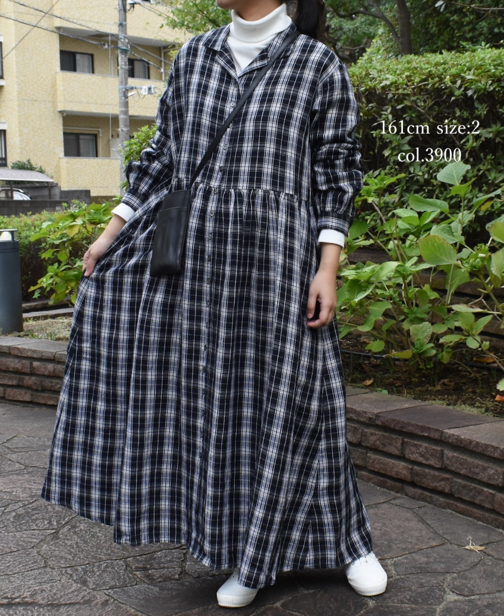 INSL24713(ワンピース) WOOL/LINEN CHECK OPEN COLLAR SHIRT DRESS