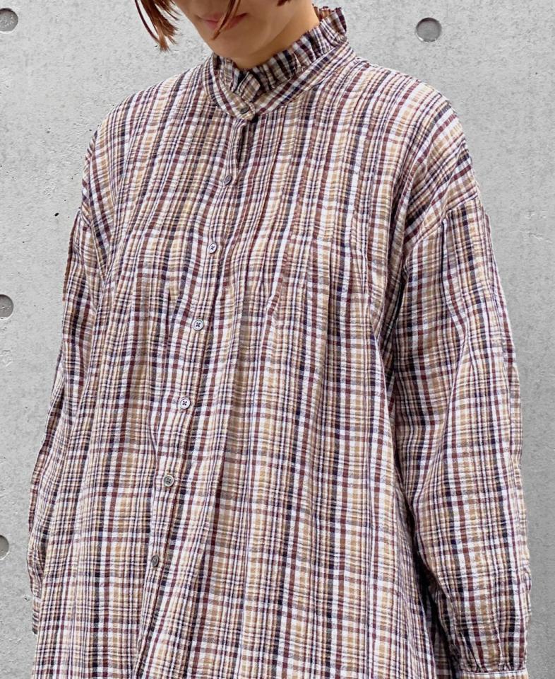 INSL24714(ワンピース) WOOL/LINEN CHECK FRILL COLLAR SHIRT DRESS WITH PINTUCK