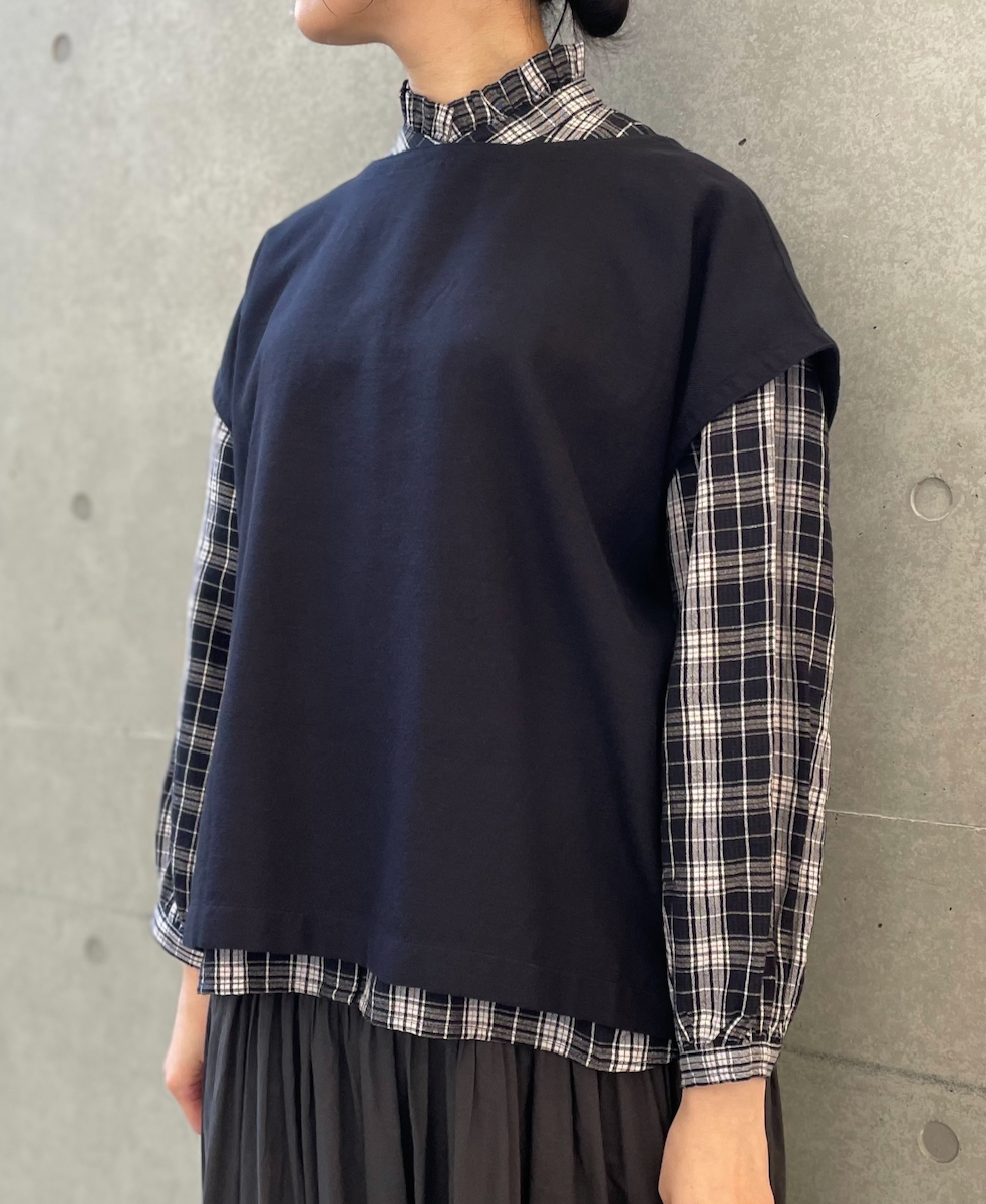 INSL24711(シャツ) WOOL/LINEN CHECK FRILL COLLAR SHIRT