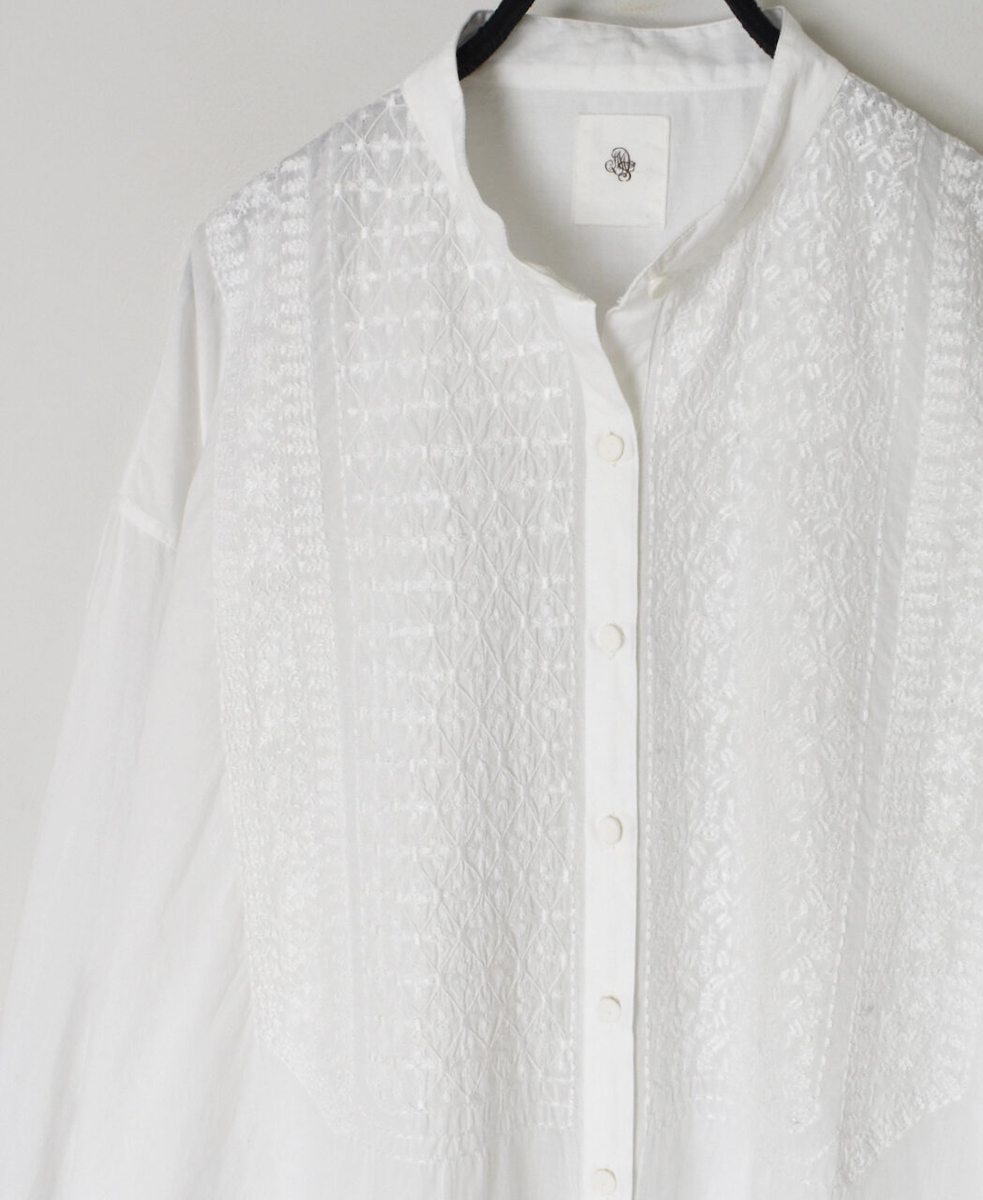 NMDS25204(チュニック) 60s ORGANIC CAMBRIC BANDED COLLAR EMB SHIRT TUNIC