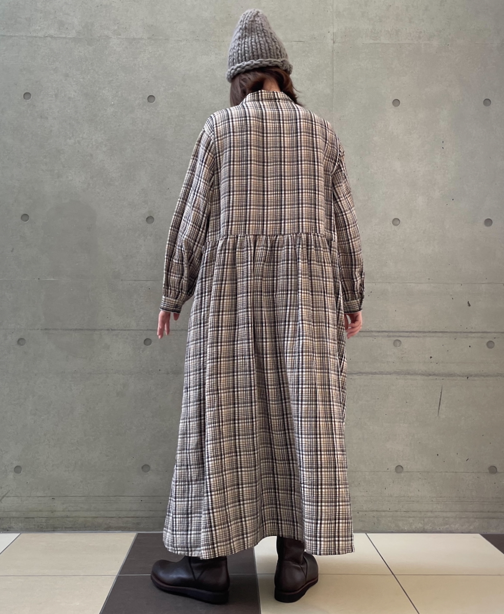 INSL24713(ワンピース) WOOL/LINEN CHECK OPEN COLLAR SHIRT DRESS