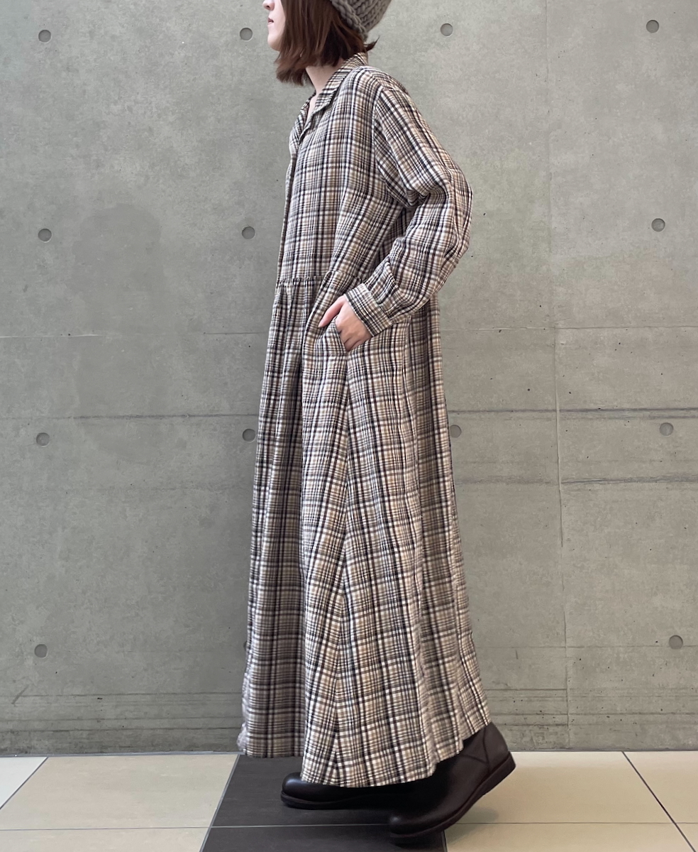 INSL24713(ワンピース) WOOL/LINEN CHECK OPEN COLLAR SHIRT DRESS