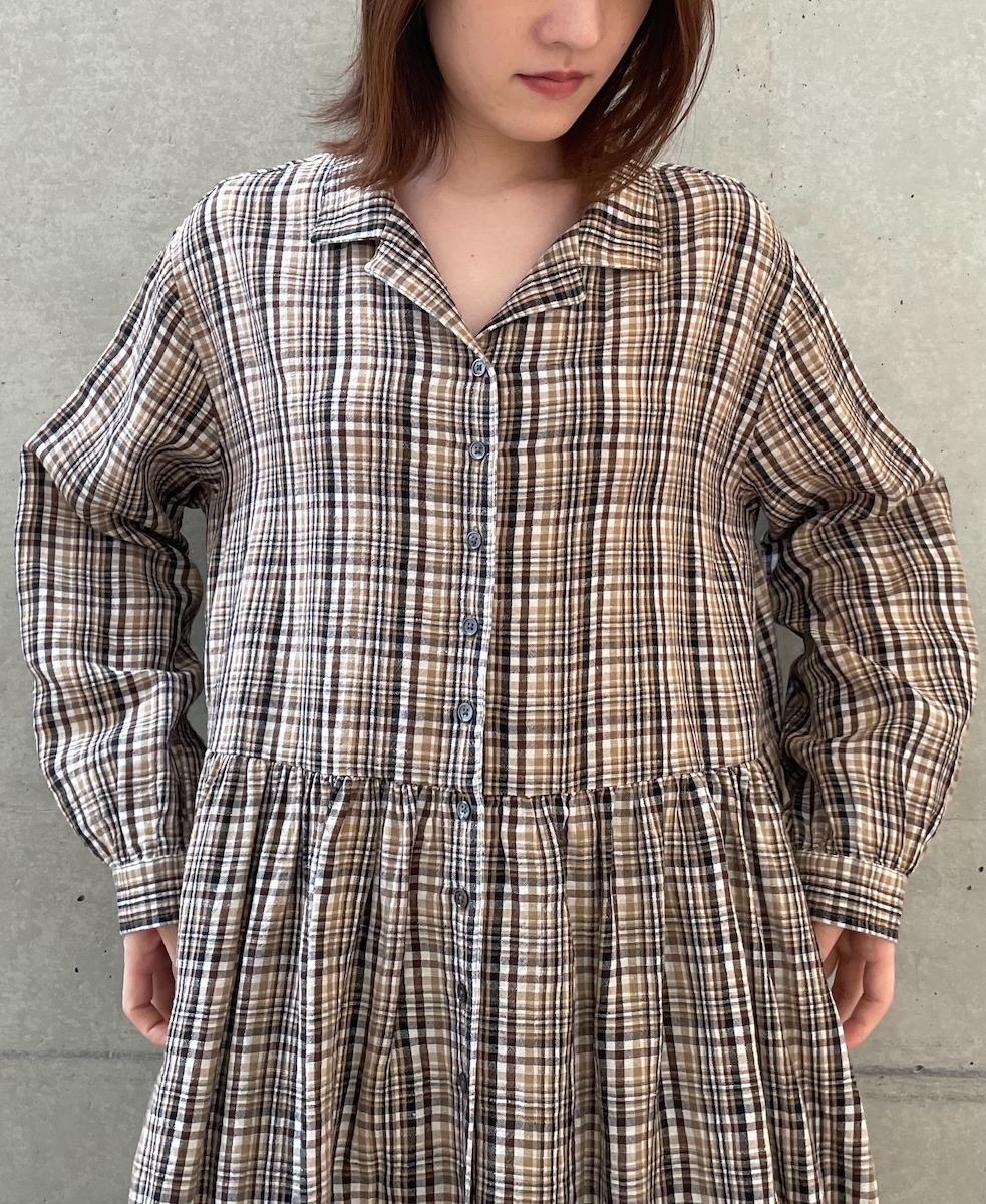 INSL24713(ワンピース) WOOL/LINEN CHECK OPEN COLLAR SHIRT DRESS