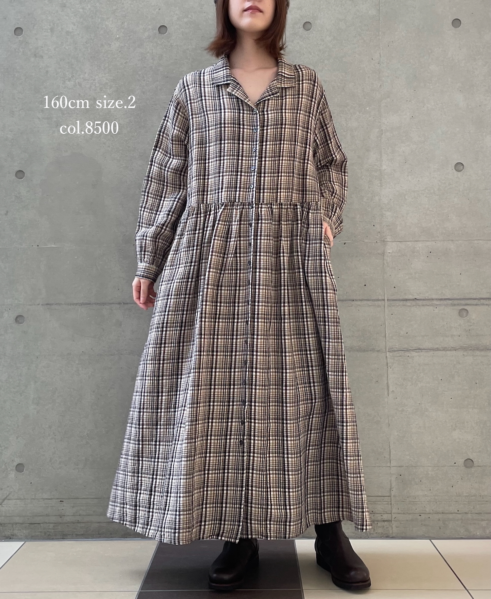 INSL24713(ワンピース) WOOL/LINEN CHECK OPEN COLLAR SHIRT DRESS