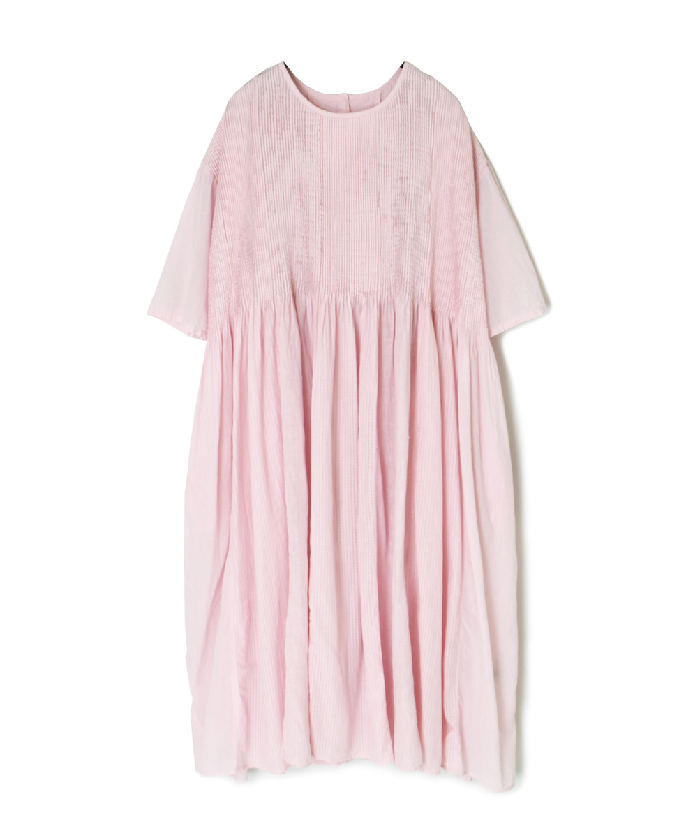 NMDS25232D(ワンピース) COTTON&LINEN PATCHWORK(OVERDYE) CREW-NECK S/SL SHIRT DRESS WITH MINI PINTUCK
