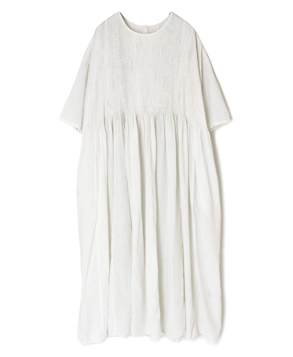 NMDS25232D(ワンピース) COTTON&LINEN PATCHWORK(OVERDYE) CREW-NECK S/SL SHIRT DRESS WITH MINI PINTUCK