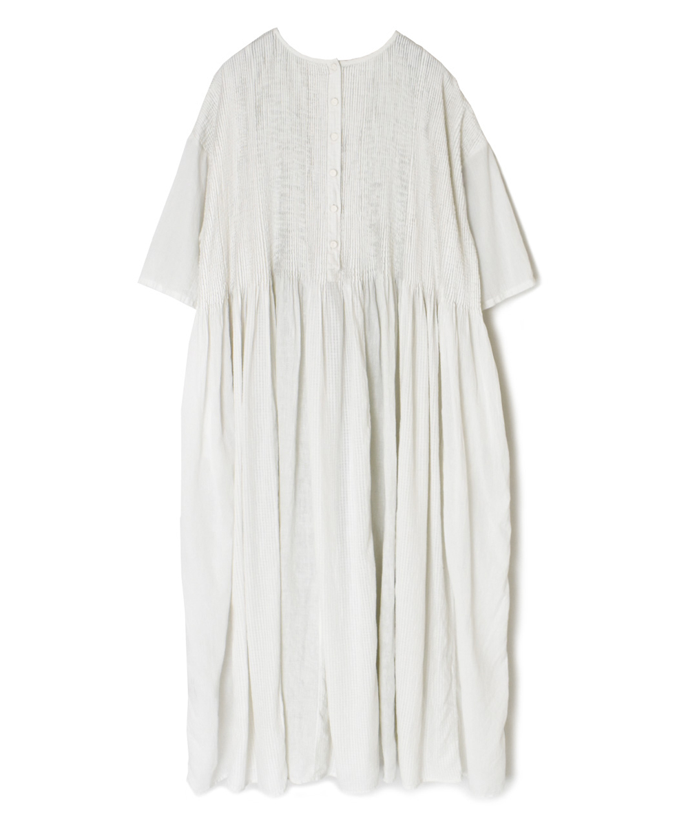 NMDS25232D(ワンピース) COTTON&LINEN PATCHWORK(OVERDYE) CREW-NECK S/SL SHIRT DRESS WITH MINI PINTUCK