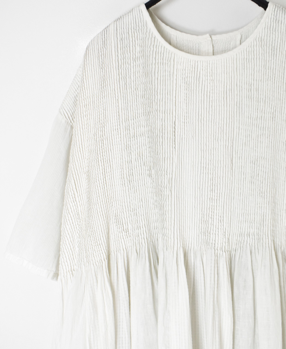 NMDS25232D(ワンピース) COTTON&LINEN PATCHWORK(OVERDYE) CREW-NECK S/SL SHIRT DRESS WITH MINI PINTUCK