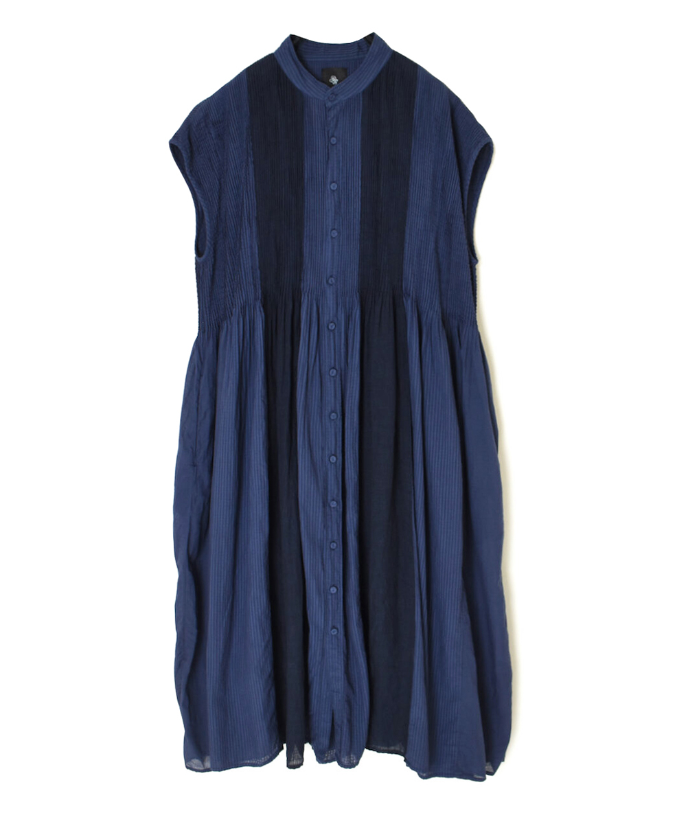 NMDS25234D(シャツ) COTTON&LINEN PATCHWORK(OVERDYE) CREW-NECK BANDED F/SL SHIRT DRESS WITH MINI PINTUCK