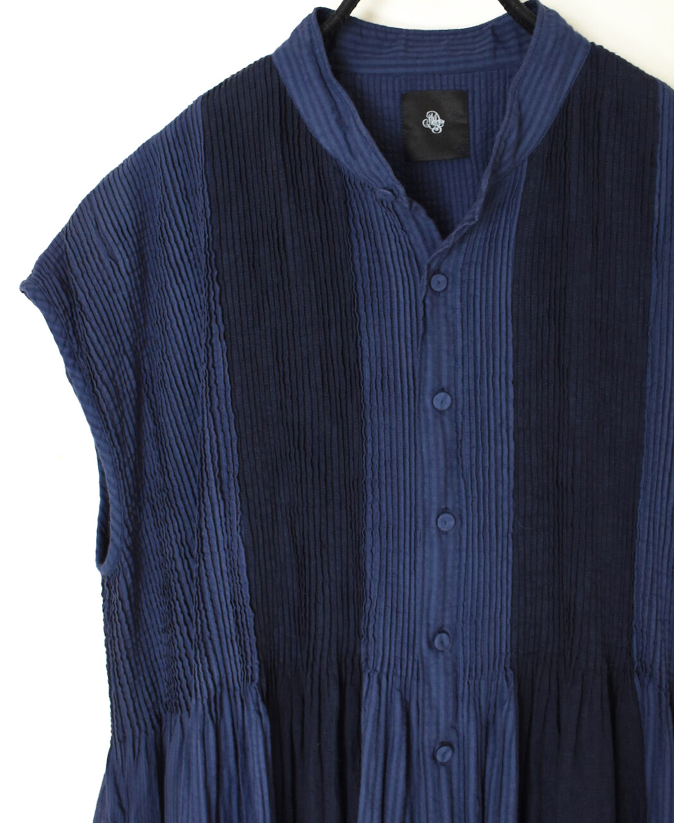 NMDS25234D(シャツ) COTTON&LINEN PATCHWORK(OVERDYE) CREW-NECK BANDED F/SL SHIRT DRESS WITH MINI PINTUCK