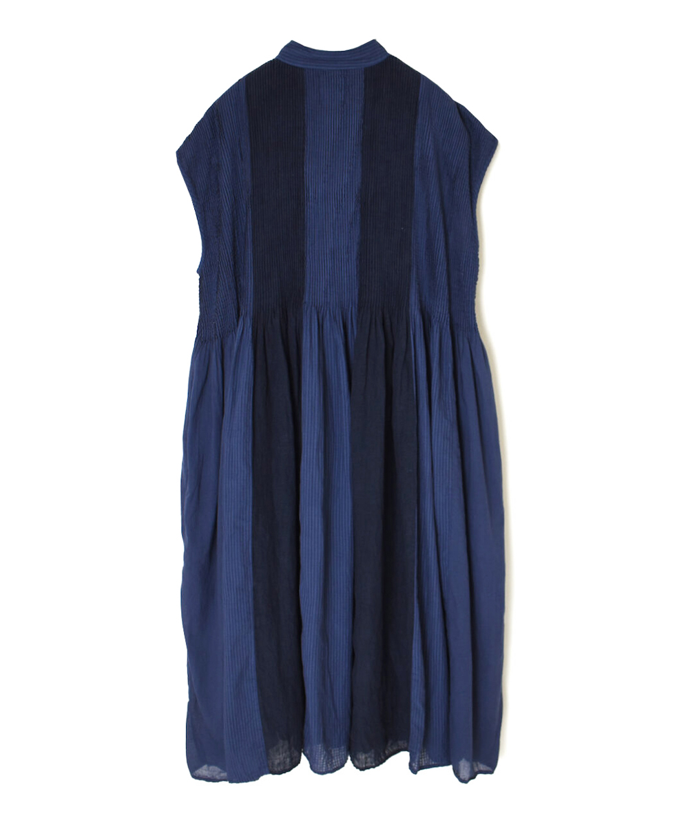 NMDS25234D(シャツ) COTTON&LINEN PATCHWORK(OVERDYE) CREW-NECK BANDED F/SL SHIRT DRESS WITH MINI PINTUCK