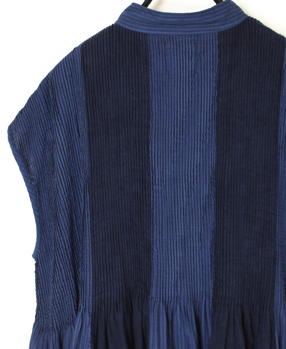 NMDS25234D(シャツ) COTTON&LINEN PATCHWORK(OVERDYE) CREW-NECK BANDED F/SL SHIRT DRESS WITH MINI PINTUCK