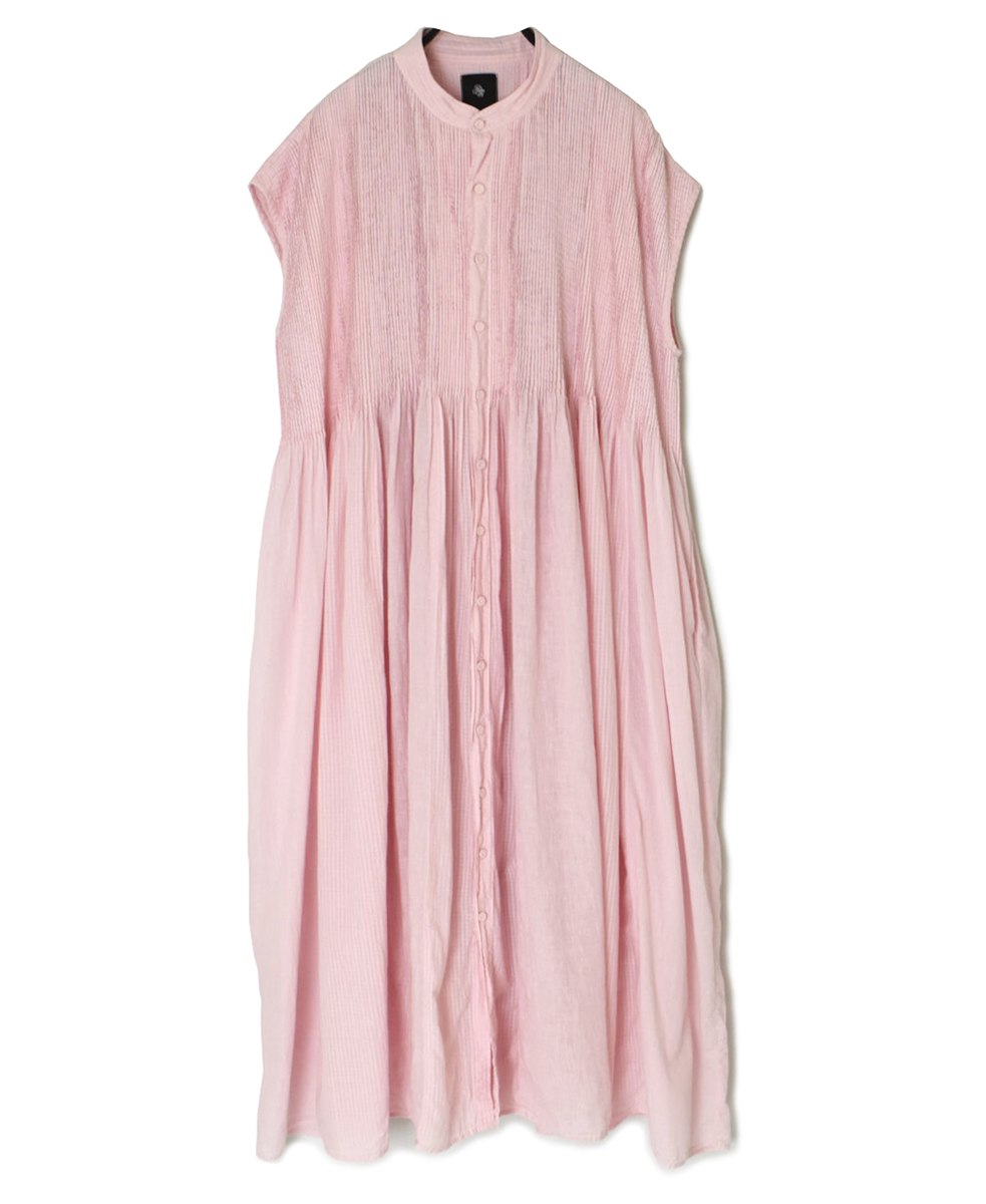 NMDS25234D(シャツ) COTTON&LINEN PATCHWORK(OVERDYE) CREW-NECK BANDED F/SL SHIRT DRESS WITH MINI PINTUCK