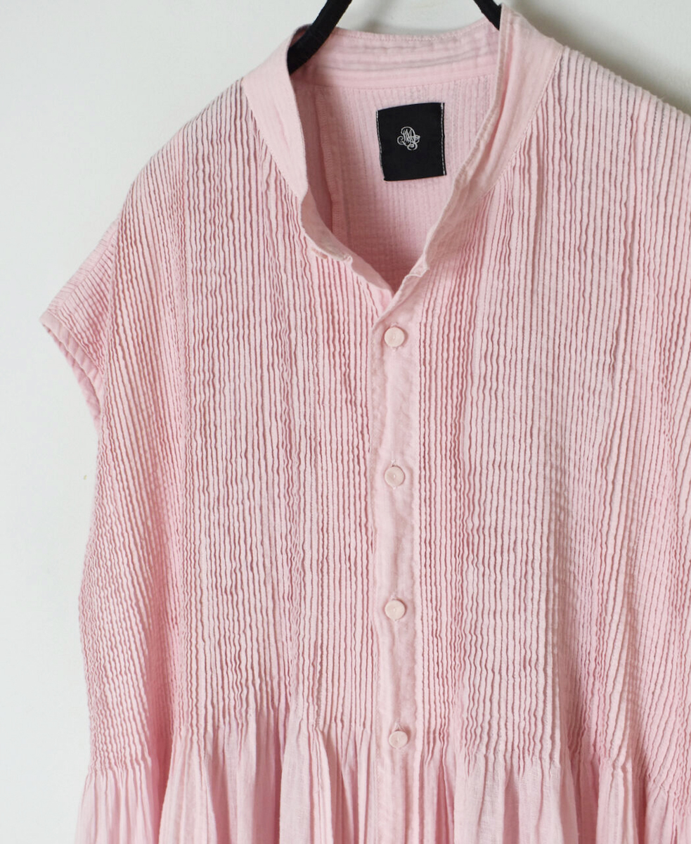 NMDS25234D(シャツ) COTTON&LINEN PATCHWORK(OVERDYE) CREW-NECK BANDED F/SL SHIRT DRESS WITH MINI PINTUCK