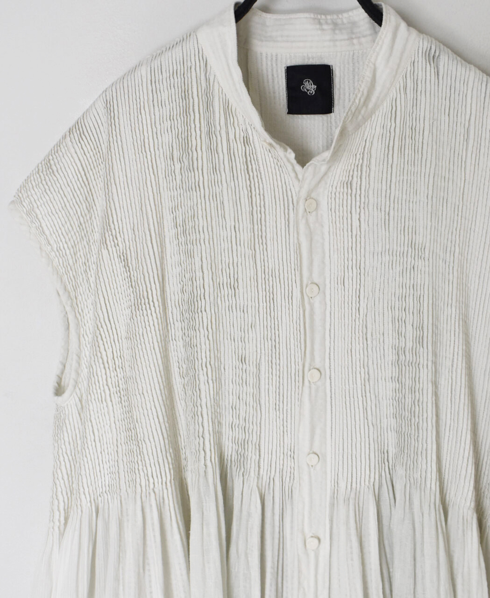 NMDS25234D(シャツ) COTTON&LINEN PATCHWORK(OVERDYE) CREW-NECK BANDED F/SL SHIRT DRESS WITH MINI PINTUCK