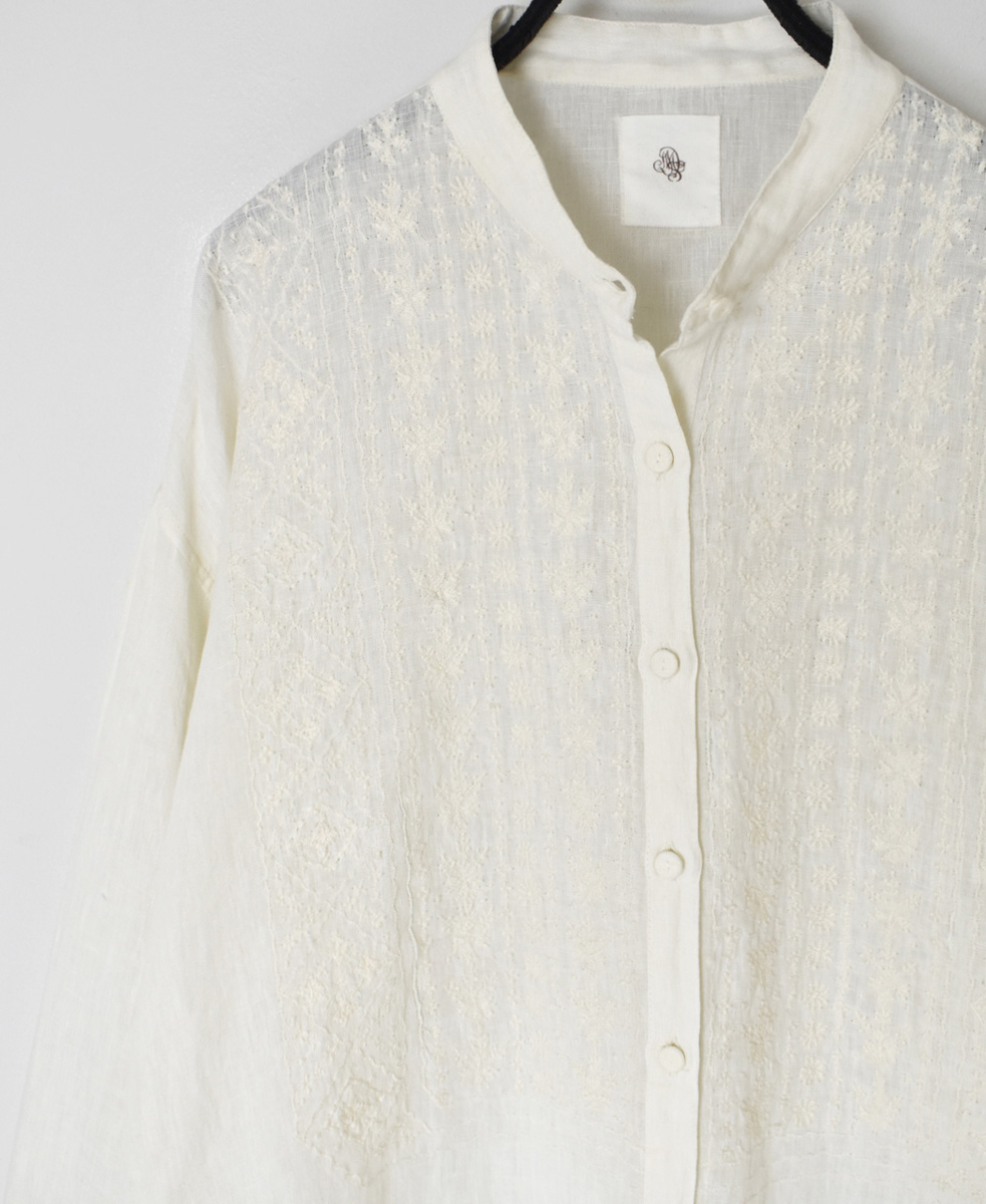 NMDS25241(シャツ) 80s POWER LOOM LINEN PLAIN BANDED COLLAR EMB SHIRT