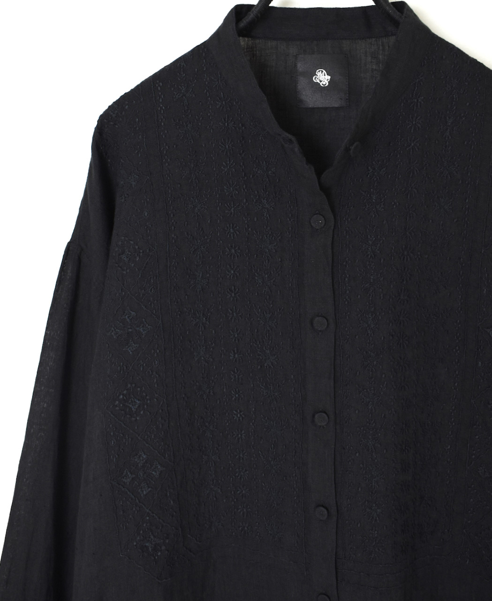 NMDS25241(シャツ) 80s POWER LOOM LINEN PLAIN BANDED COLLAR EMB SHIRT