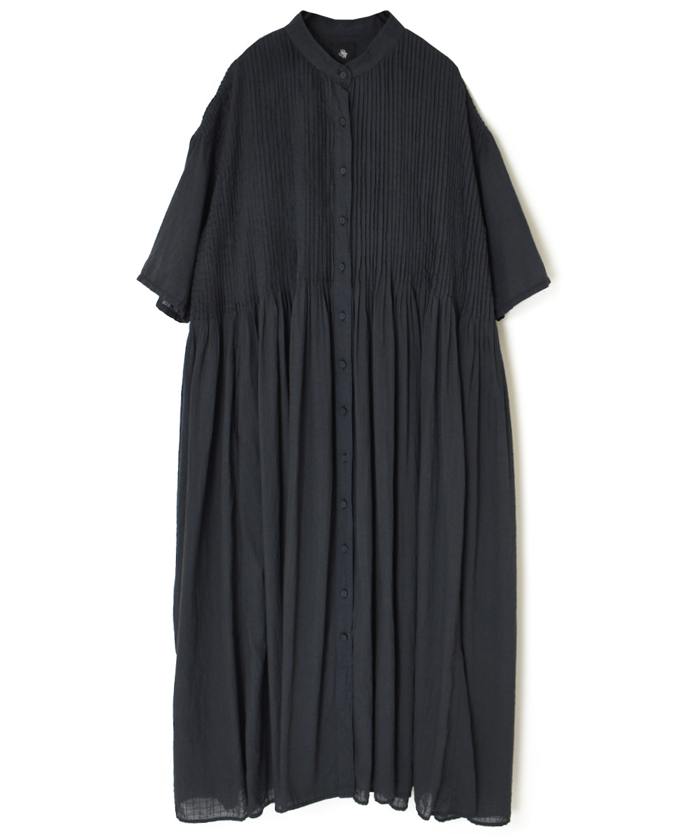 NMDS25254D(ワンピース) 80s ORGANIC DOBIE CHECK(OVERDYE) BANDED COLLAR MAXI DRESS WITH PINTUCK
