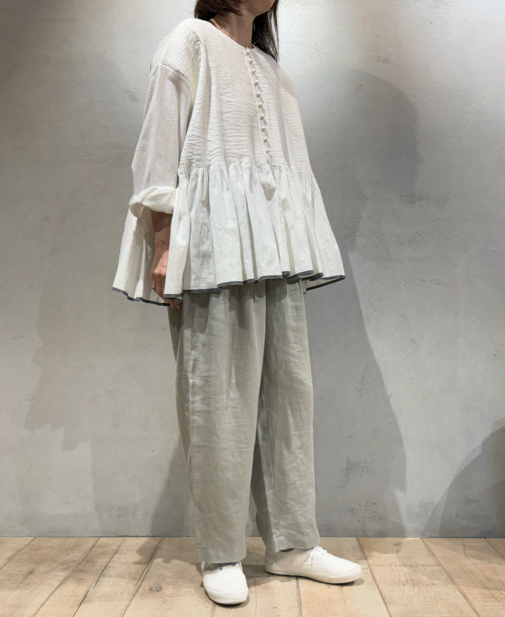 INMDS24301(シャツ) HEAVY COTTON KHADI WITH SELVAGE BALL BUTTON CREW-NECK PULLOVER SHIRT WITH PINTUCK