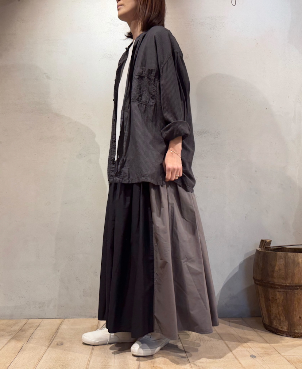 NMDS24642(スカート) 40s ORGANIC POPLIN(PATCHWORK) PINTUCK FLARED SKIRT WITH CRAZY PATCH WORK