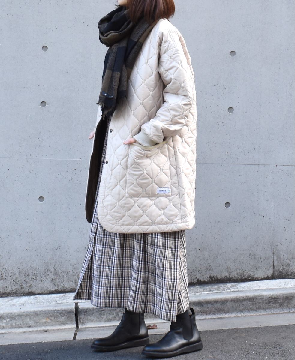 NAM2451PP(コート) PLAIN POLYESTER×PLAIN POLYESTER HEAT QUILT OVERSIZED NO COLLAR MIDI COAT WITH RIBBED CUFF