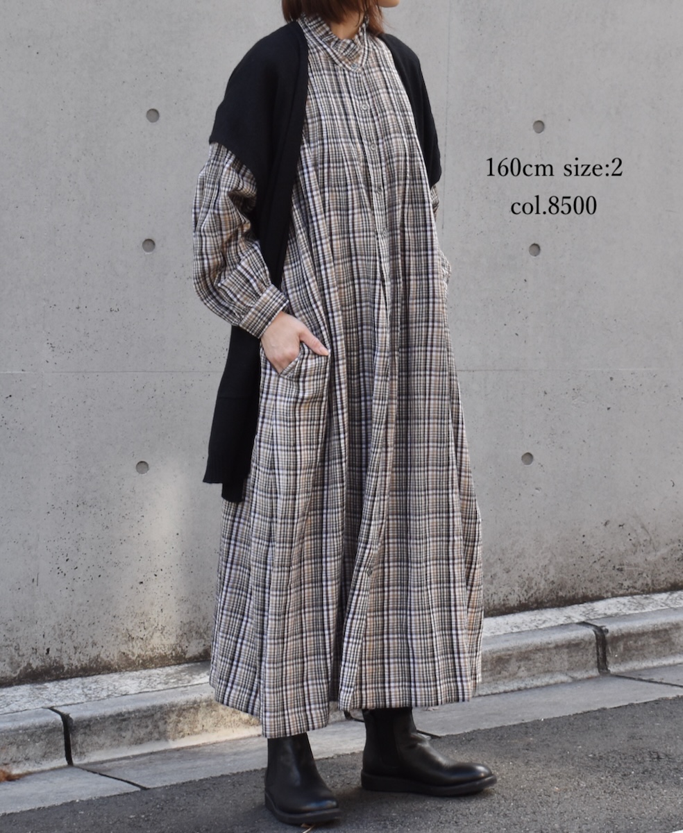 INSL24714(ワンピース) WOOL/LINEN CHECK FRILL COLLAR SHIRT DRESS WITH PINTUCK