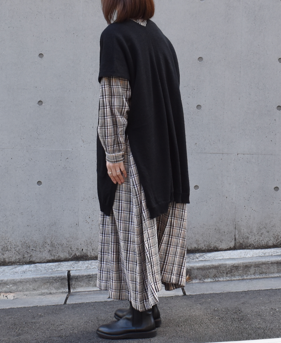 INSL24714(ワンピース) WOOL/LINEN CHECK FRILL COLLAR SHIRT DRESS WITH PINTUCK