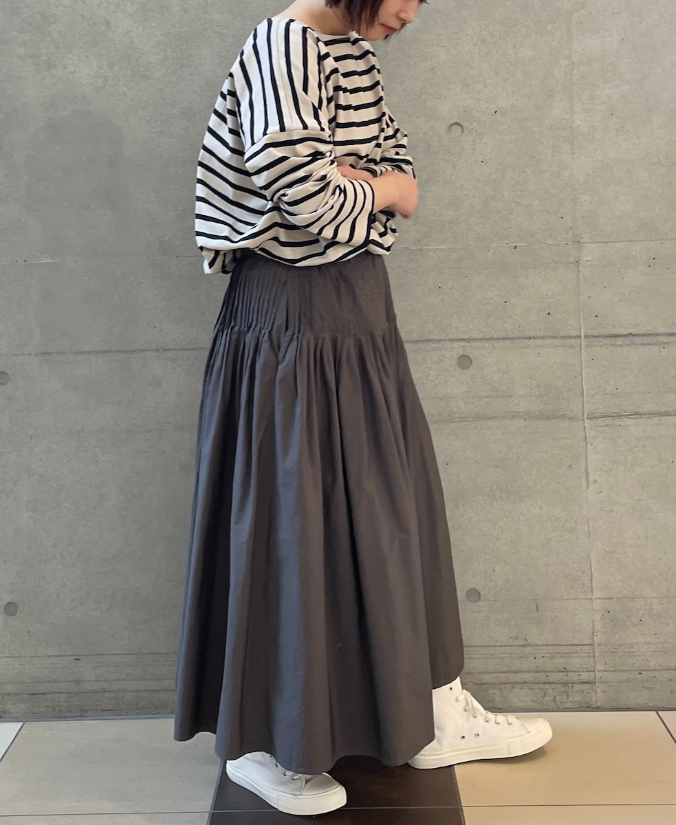 NMDS24642(スカート) 40s ORGANIC POPLIN(PATCHWORK) PINTUCK FLARED SKIRT WITH CRAZY PATCH WORK