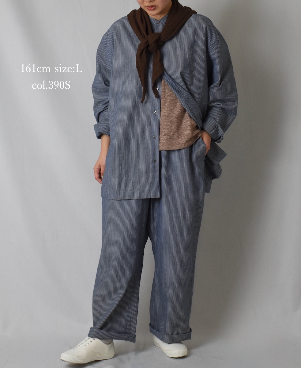 NVL2522(シャツ) POPLIN STRIPE BANDED COLLAR L/SL SHIRT