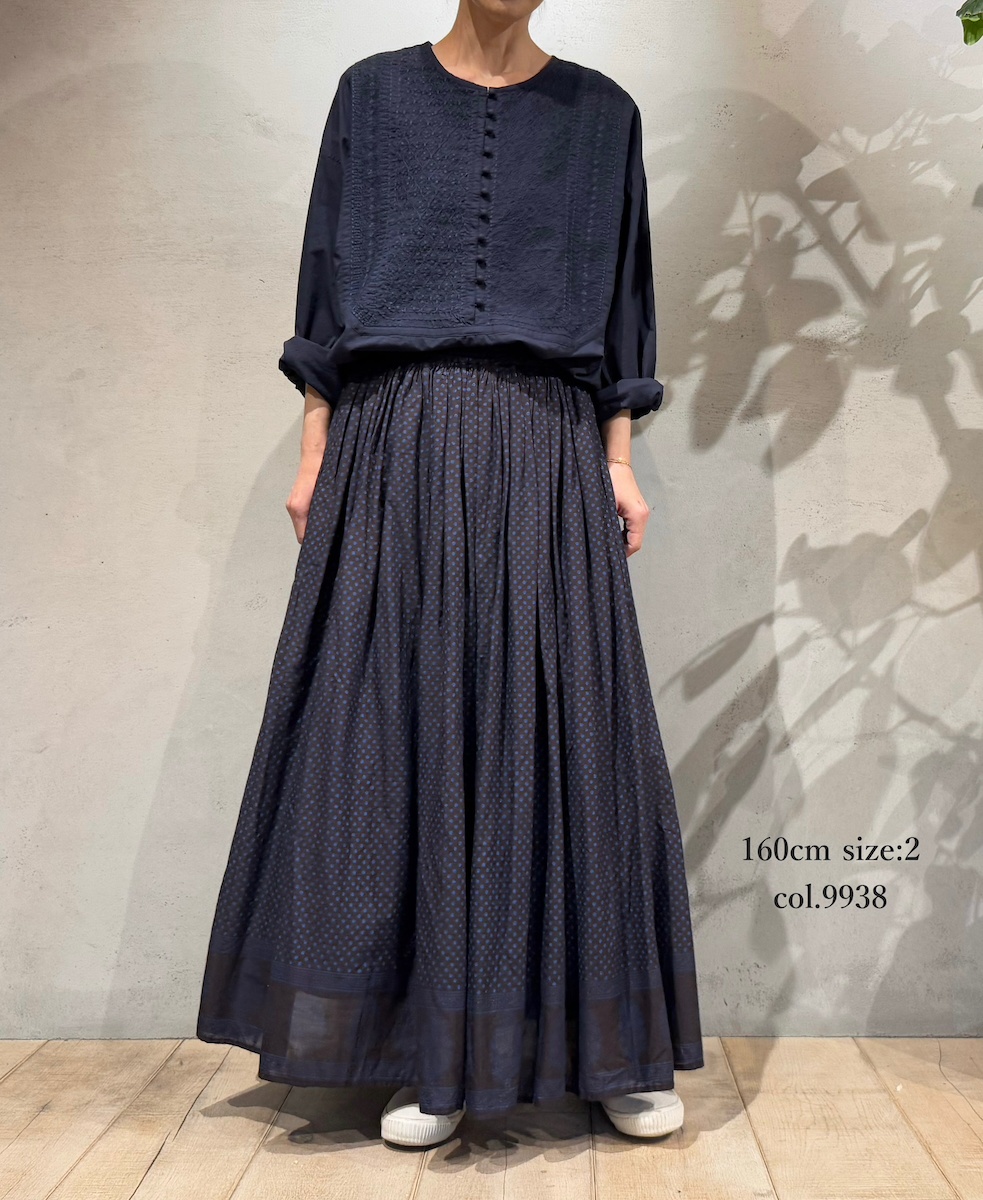 NMDS25264(スカート) 80s VOIL DOT&TREE BLOCK PRINT RAJASTHAN TUCK GATHERED SKIRT WITH LINING