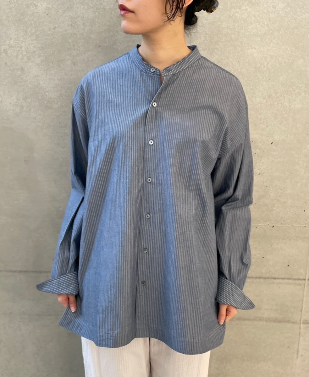 NVL2522(シャツ) POPLIN STRIPE BANDED COLLAR L/SL SHIRT