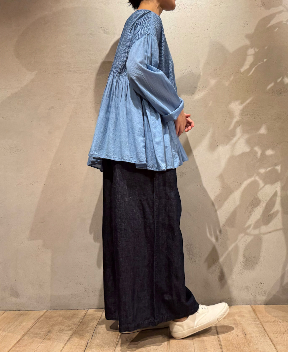 NMDS25213D(シャツ) 80s ORGANIC STRIPE(OVERDYE) CREW-NECK BUTTON SHIRT WITH MINI PINTUCK