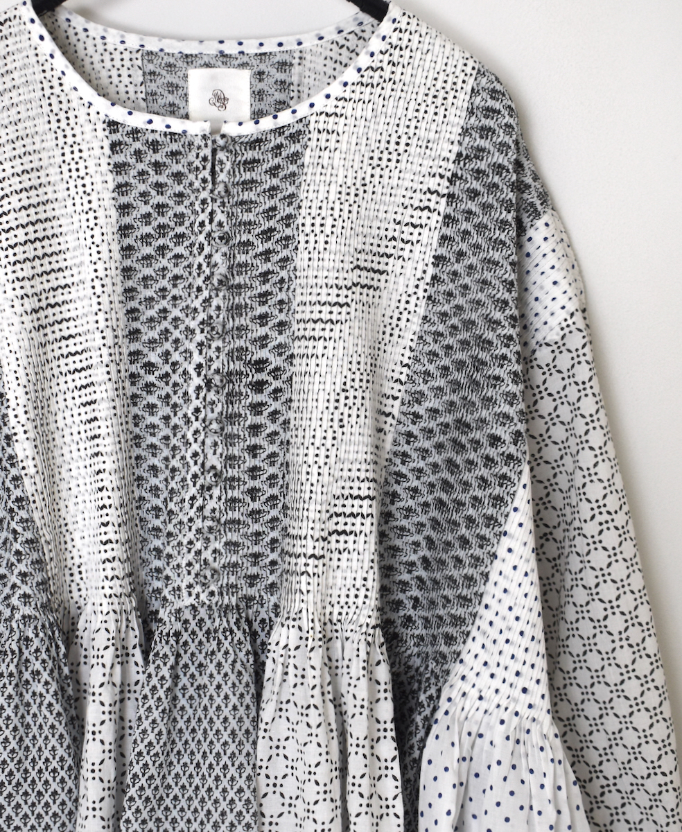 INMDS24301PW(シャツ) BLOCK PRINT PATCHWORK BALL BUTTON SHIRT WITH MINI PINTUCK