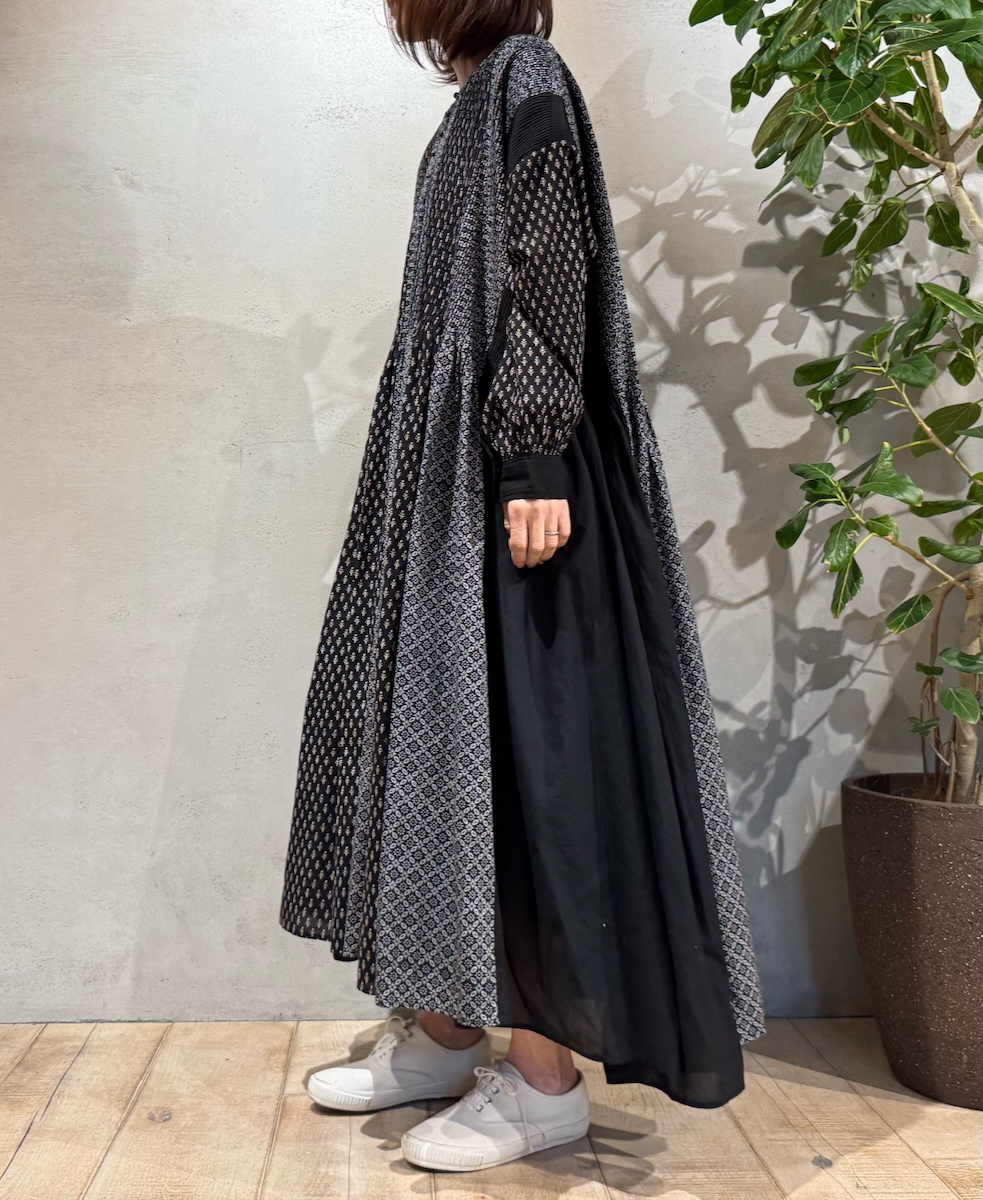 INMDS24302PW(ワンピース) BLOCK PRINT PATCHWORK BALL BUTTON SHIRT DRESS WITH MINI PINTUCK